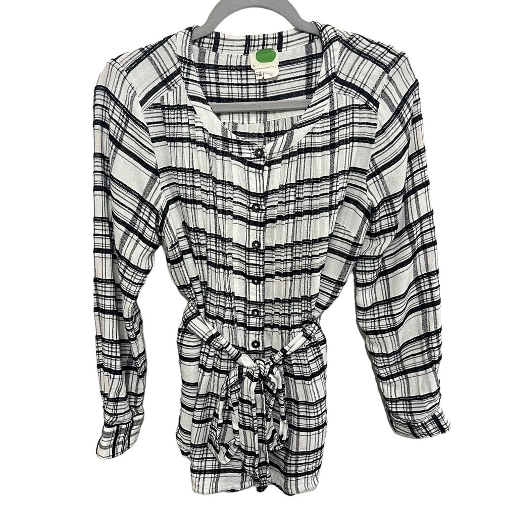 Anthropologie Plaid Belted Wool Blend Button Down Tunic Top Size 14P - Picture 3 of 7